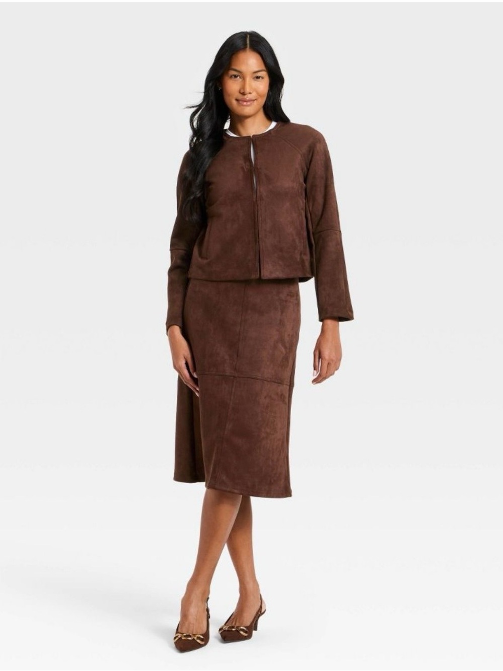 a new day Chocolate Brown Suede Midi Jacket  b142s